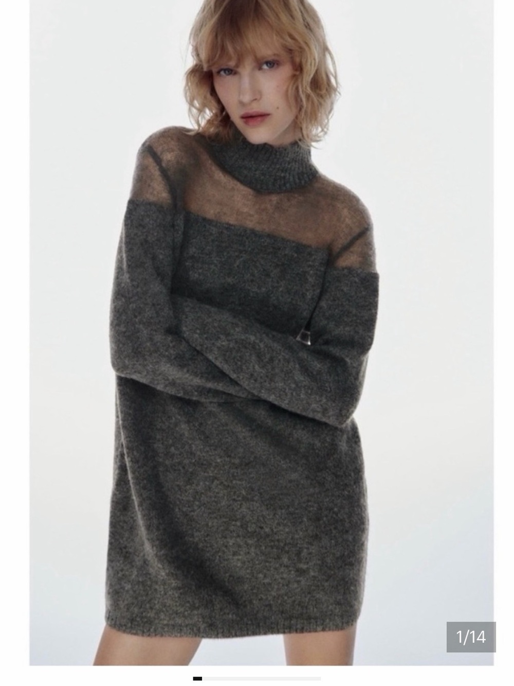 ZARA Sheer-Yoke Turtleneck Sweater Dress in Charcoal Gray-M